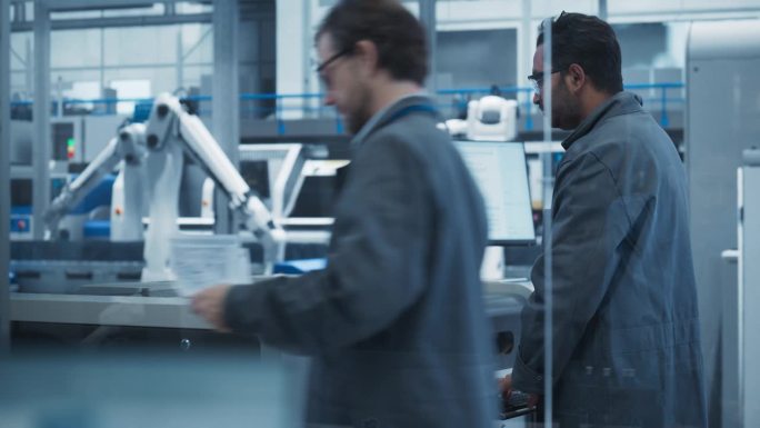 在拥有机械臂的自主工厂，印度男性装配线工人使用焊锡喷墨打印机生产印刷电路板。为高科技设备制造电脑部件