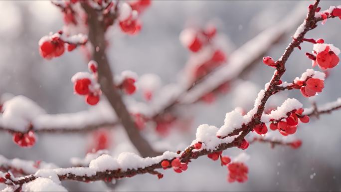 枝头上的腊梅花积雪下雪天气