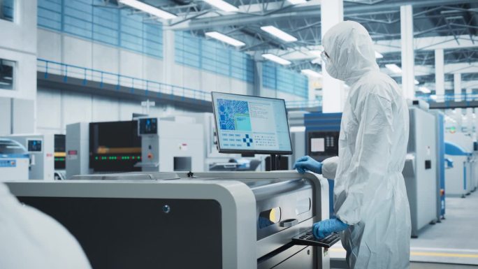 电子工厂洁净室的印刷电路板生产:科学家穿着无菌套装，使用焊接喷墨打印机为强大的CPU制造主板。计算机