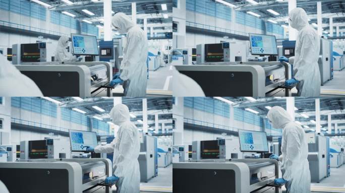 电子工厂洁净室的印刷电路板生产:科学家穿着无菌套装，使用焊接喷墨打印机为强大的CPU制造主板。计算机