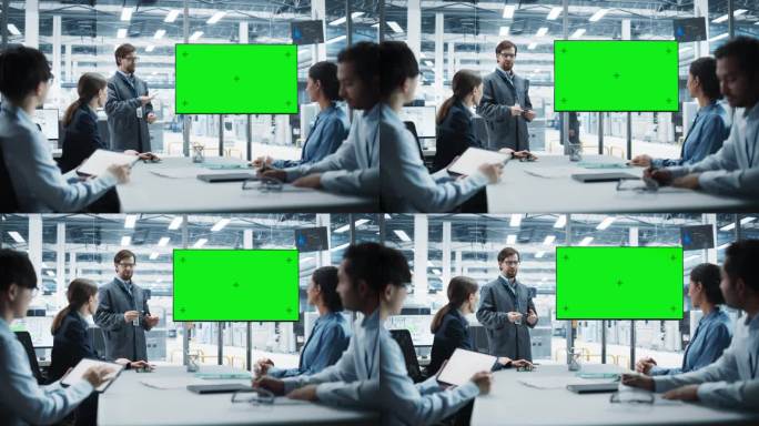 电子工厂办公室会议:白人工程师在电视上用绿屏Chromakey进行演示。不同的同事倾听微芯片，主板的