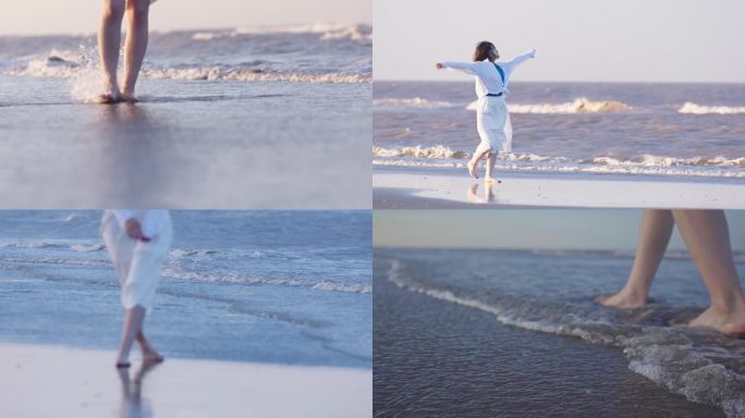 女孩在海滩散步 海边女孩