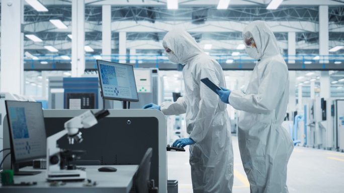 两名身穿无菌服的科学家漫步在电子厂研究中心。技术员带着平板电脑和工程师走近焊锡喷墨打印机，开始电路板