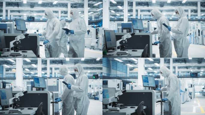 两名身穿无菌服的科学家漫步在电子厂研究中心。技术员带着平板电脑和工程师走近焊锡喷墨打印机，开始电路板