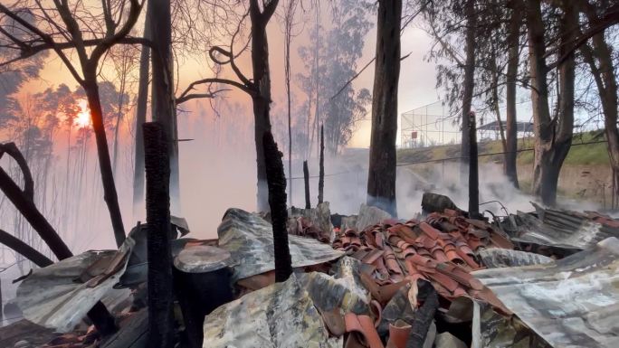 烟雾从被烧毁的房子里升起。一场野火烧毁了它。锡、锌、瓦片和烧过的木头留在地上。在烟雾和烧焦的树木后面
