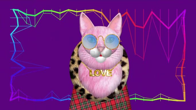 一只戴着眼镜的时髦粉红猫的动画。镶着“爱”字样的金项链。背景中有一幅音乐的图形