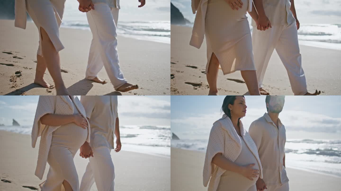 一对腿走在海滩附近的海浪特写。怀孕夫妇在海上休闲