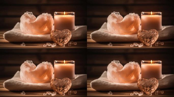 情人节浪漫的风景伴着心和芳香的蜡烛。放松蜡烛水疗和健康的背景。爱的气氛，心情的背景。按摩室治疗准备。