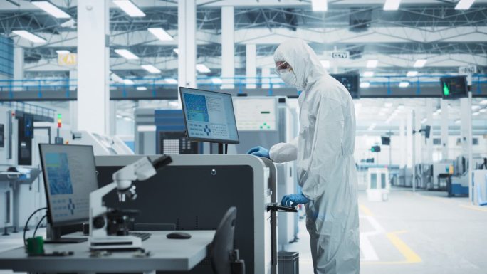 电子工厂的印刷电路板生产:穿着无菌套装的科学家使用焊接喷墨打印机为强大的处理器制造主板。计算机硬件制