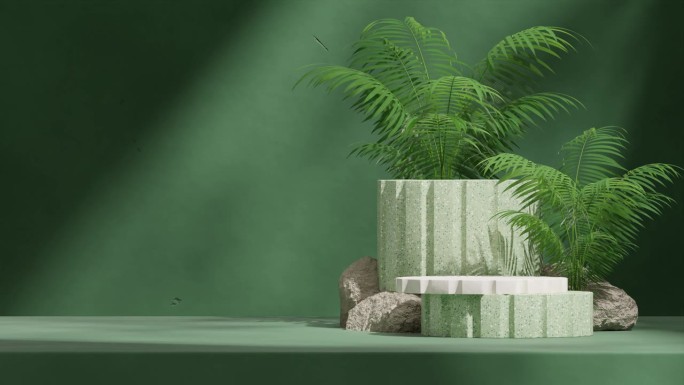 空白模型绿色水磨石平台与循环无缝阴影动画岩石和紫檀棕榈，3d素材渲染