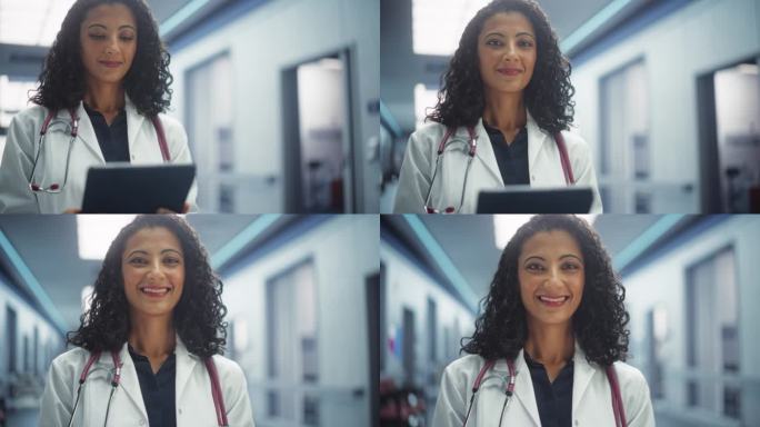 穿白大褂的女医生在医院走廊用平板电脑工作的画像。医疗保健专业人员或护士长看着镜头，温柔地微笑。慢动作