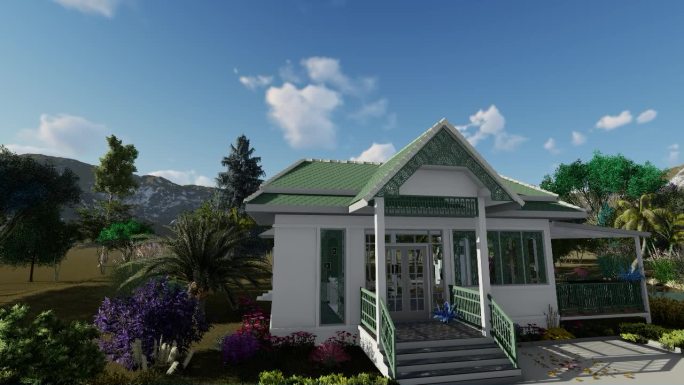 3D咖啡厅风格的房子模型，设计有阳台和花园。