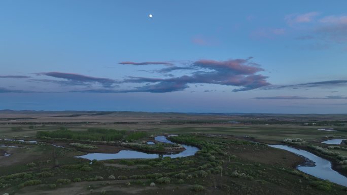 呼伦贝尔自然风光黄昏湿地河湾风景