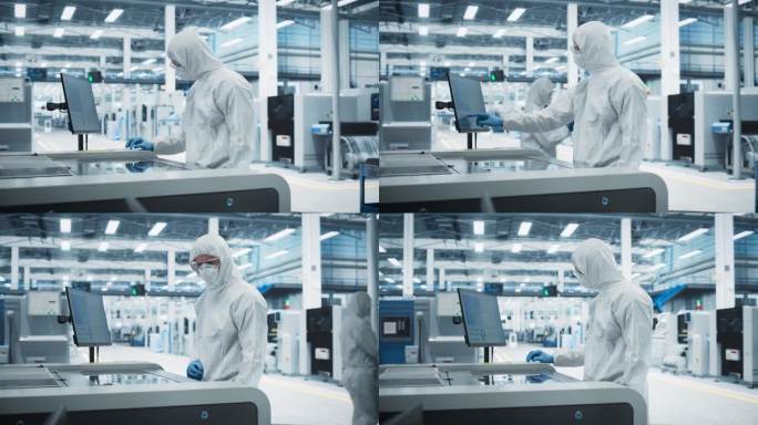 电子工厂的印刷电路板生产:科学家穿着无菌套装，使用焊接喷墨打印机为强大的cpu制造现代主板。计算机硬