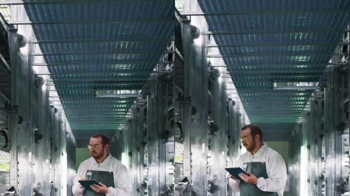 垂直屏幕:生物学家在一个有天然生态植物的垂直农场工作。农业工程师使用平板电脑，在分配前组织和分析作物