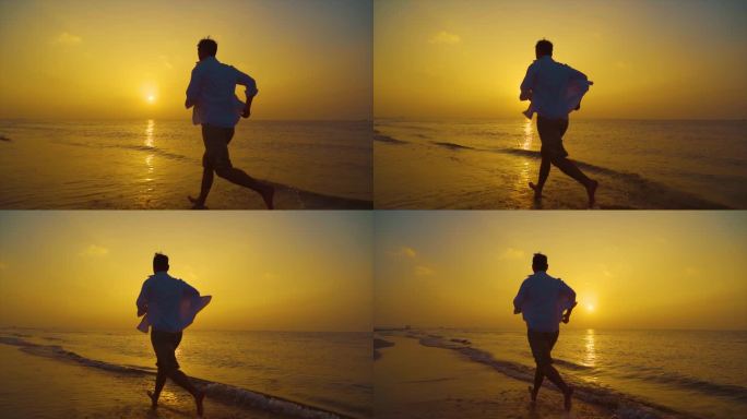 男人逆光奔跑沙滩跑步背影追逐梦想阳光少年