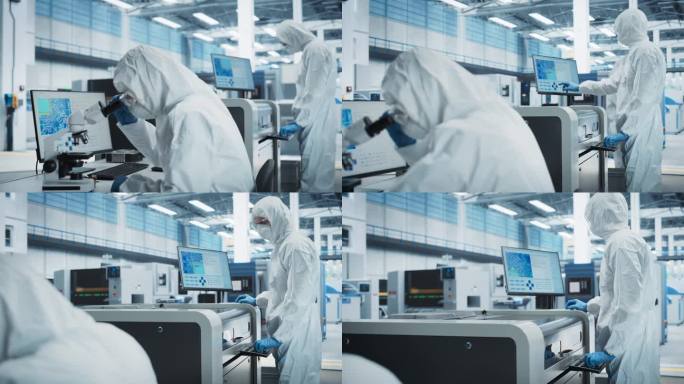 两位科学家在电子厂无尘室无菌套房:工程师用显微镜和台式电脑检查微芯片。他的同事使用焊接喷墨打印机打印