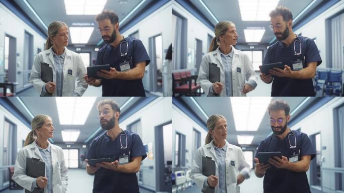 女医生和男护士在医院走廊边走边用平板电脑聊天的画像。医学专家分享笔记和说明，计划手术