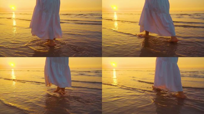 唯美女生光脚沙滩慢步行走脚步特写浪漫空镜