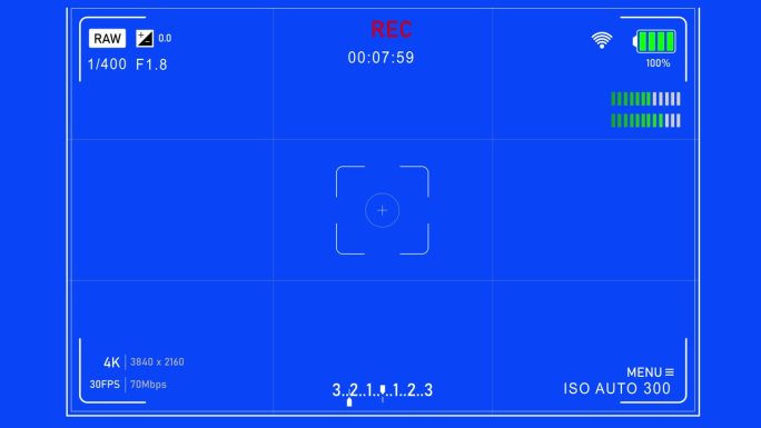相机屏幕记录覆盖在蓝色背景。取景器显示隔离界面与Iso，光圈，快门速度和白平衡参数和设置。视频记录4