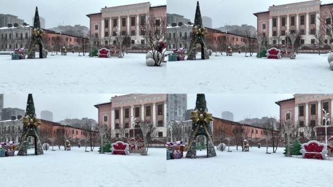 乌克兰冬季城市和圣诞广场在大雪中装饰。
