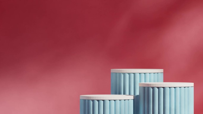 红色明亮的墙壁背景在渲染模板模型的3d素材白色和蓝色支柱讲台循环无缝阴影动画