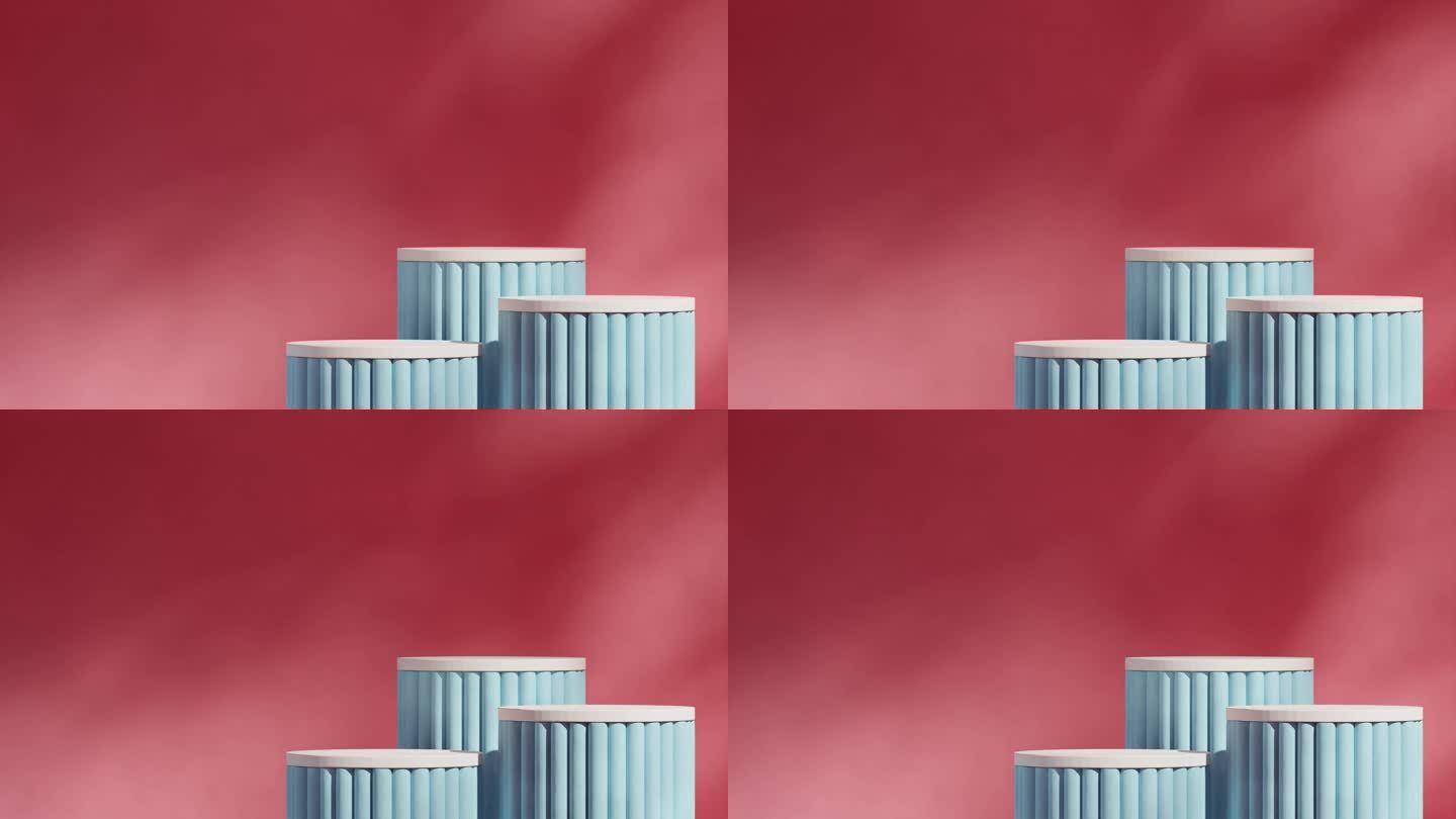 红色明亮的墙壁背景在渲染模板模型的3d素材白色和蓝色支柱讲台循环无缝阴影动画