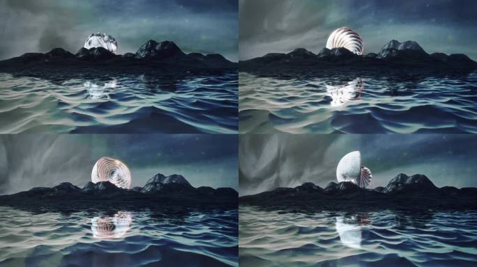 幻想月亮在海洋和山脊上。