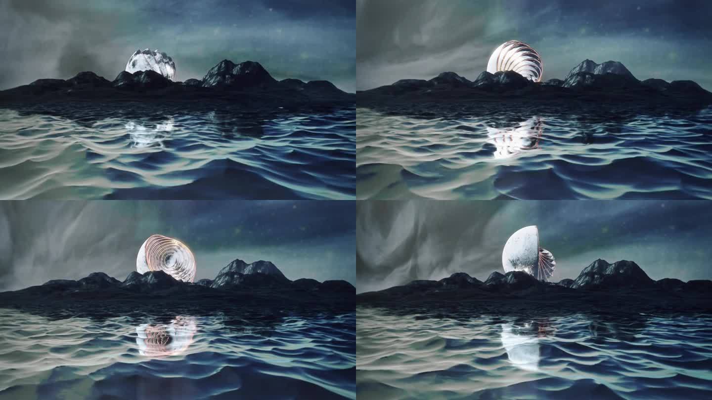 幻想月亮在海洋和山脊上。