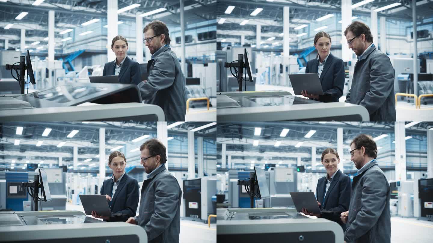 现代电子厂白人女经理用手提电脑与男性工业工程师交谈。同事们用焊锡喷墨打印机生产超级计算机主板。