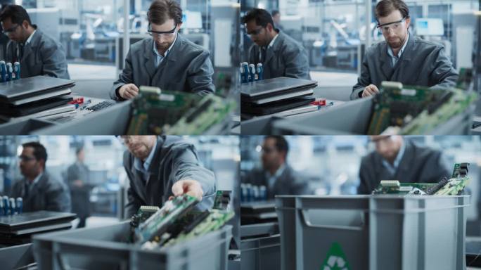 在拥有机械臂的自动化电子厂，印度和高加索男性工人正在拆卸笔记本电脑，回收用于生产微芯片的部件。同事们