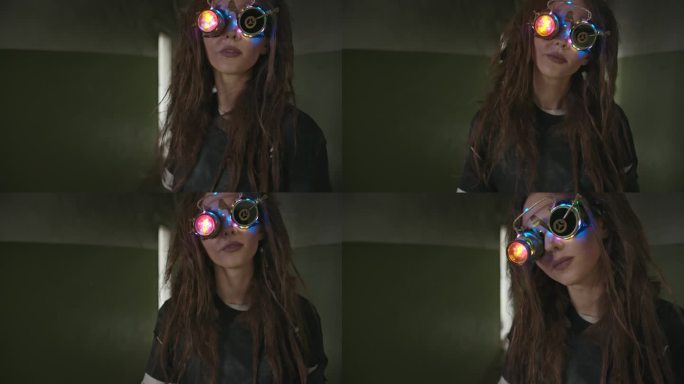 戴着眼镜探索虚拟现实的女人。疯狂的女科学家戴着grunge VR眼镜，在黑暗的建筑里体验虚拟现实，好