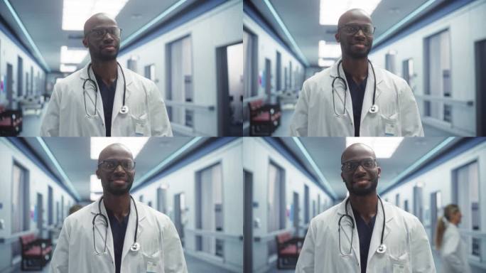 一个黑人医疗保健专业人员的肖像，对着相机摆姿势，微笑着看着相机。穿白大褂在医院办公室工作的临床医师或