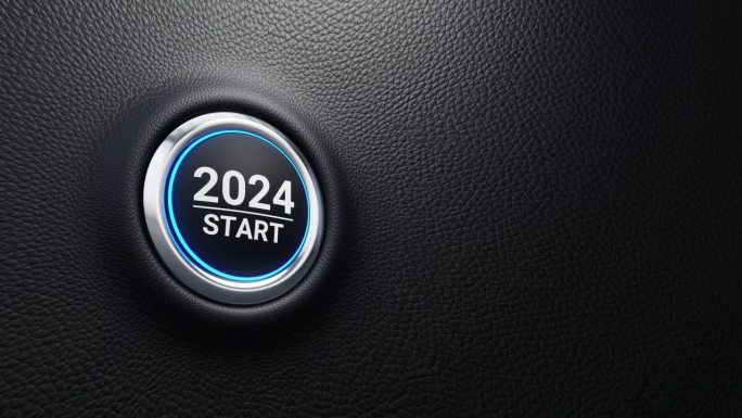 2024启动按钮，2024启动现代汽车按钮，蓝色光泽。开始新的一年。企业战略、机遇和变革理念。4k 