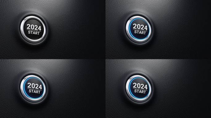 2024启动按钮，2024启动现代汽车按钮，蓝色光泽。开始新的一年。企业战略、机遇和变革理念。4k 