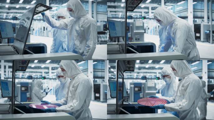 电子厂的半导体生产过程:两名穿着无菌服的技术人员从焊接喷墨打印机中取出硅片并进行检查。工程师为计算机