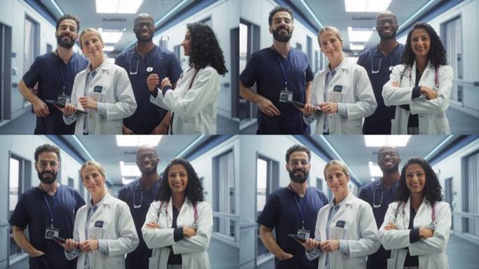 医疗团队:一名成功的不同医疗专业人员的团队肖像，他们站在现代医院办公室里，摆姿势，看着镜头，微笑