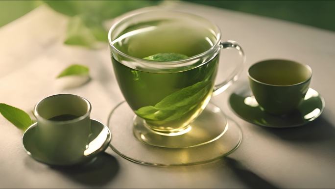 透明玻璃杯里的茶叶绿茶