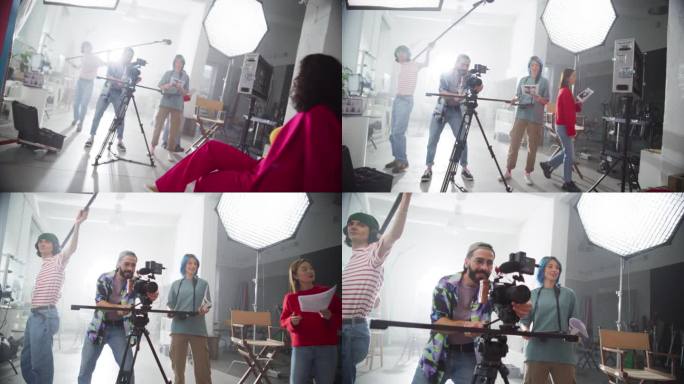 创意团队一起拍摄音乐创意视频的慢动作动态镜头:年轻的电影行业工作者为客户准备视频内容，使用现代技术