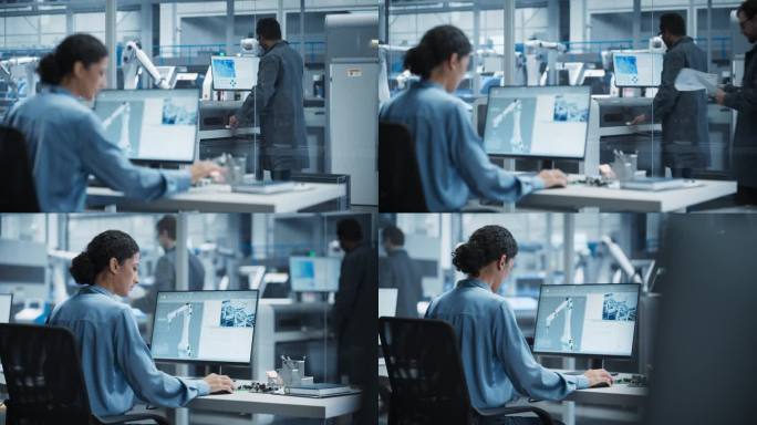 西班牙裔女性自动化工程师使用台式电脑控制电子工厂的机械臂自动化生产，而印度装配线工人使用焊料喷墨打印
