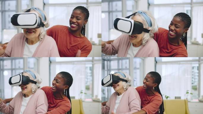 资深女性，虚拟现实眼镜和护理人员，在虚拟世界中拥有喜剧笑声，游戏和3D用户体验。老年人、护理员和在养