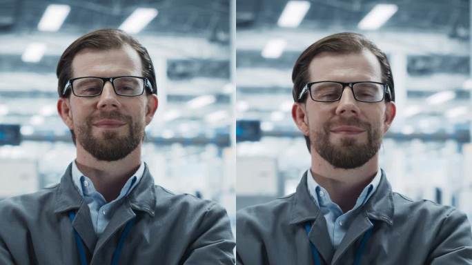 竖屏:白人男性技术员双臂交叉站着，面带微笑。穿着工作服的工业专家，在自动电子厂工作