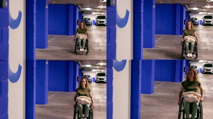 坐轮椅的女人从停车场出来。