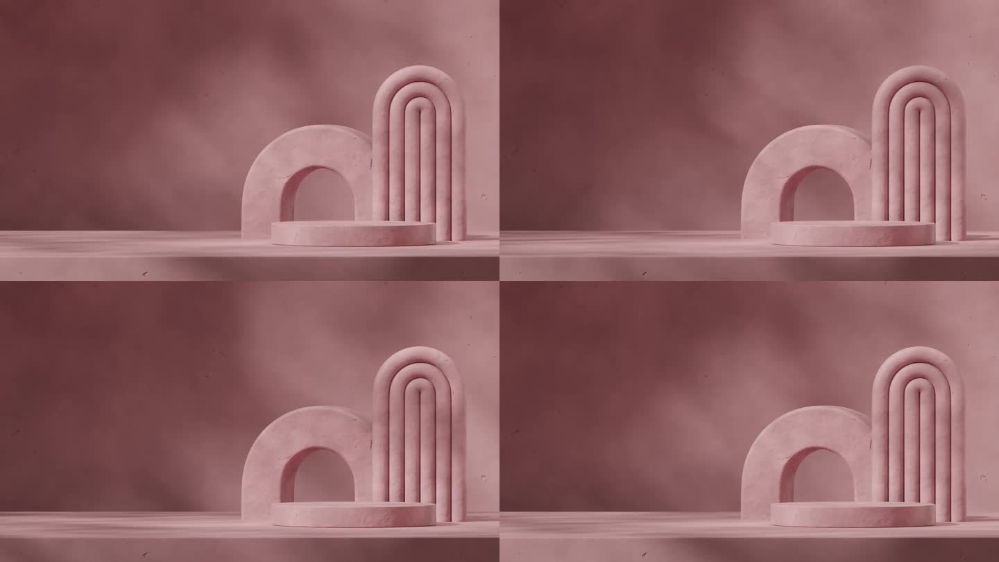 空场景静音紫色圆柱色裙台，配合循环无缝阴影动画曲线形状背景，渲染3d画面