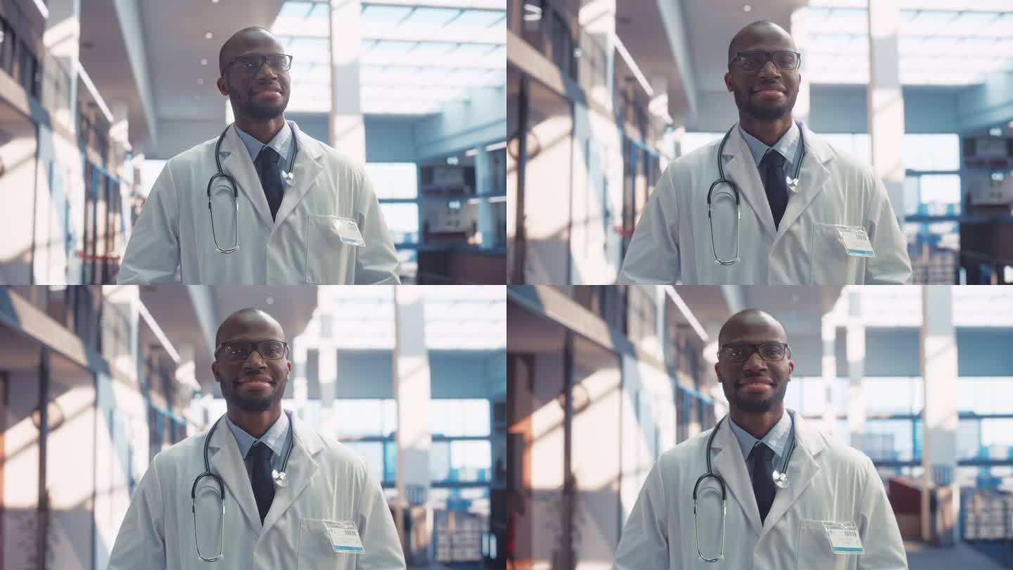 一个黑人医疗保健专业人员的肖像，对着相机摆姿势，微笑着看着相机。戴眼镜穿白大褂在医院办公室工作的临床