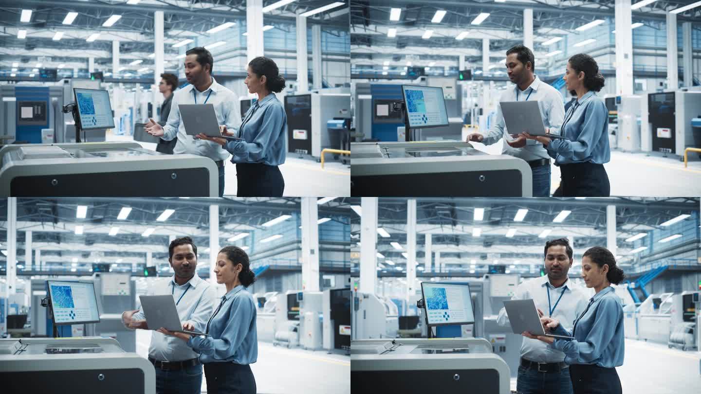 印度男性工业工程师和西班牙女性经理在电子厂用笔记本电脑聊天。一名男子使用喷墨焊锡打印机，解释新电路板