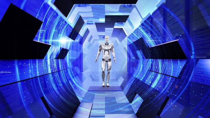人工智能人形机器人在未来的数据中心检查服务器。