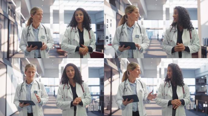 女医生在医院行走与使用数码平板电脑的探讨。专业医生一起集思广益，分享不同病例的想法