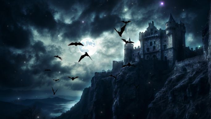 4K阴森恐怖万圣节城堡月圆之夜蝙蝠背景