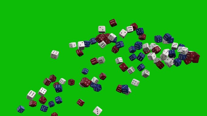赌场白色，红色和蓝色骰子从右边扔起来和落下，绿色屏幕3D动画，骰子头奖，骰子喷泉，
